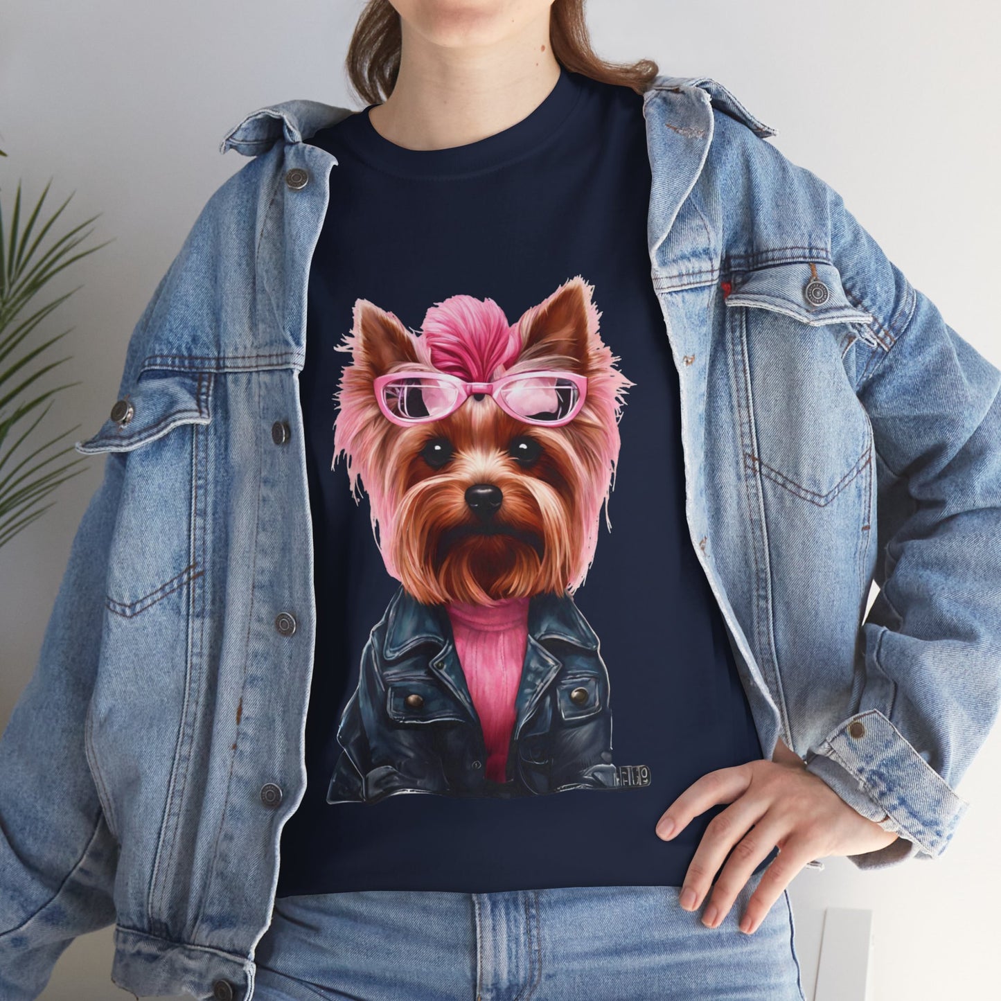 Preppy Pink Biker Yorkie Puppy Women's Plus Cotton Short Sleeved Tee Size xl-5xl