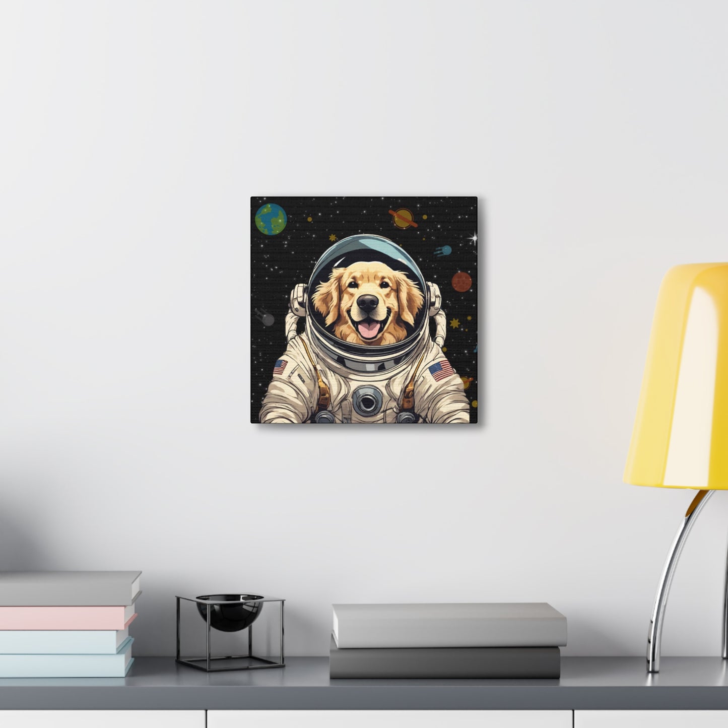 Golden Retriever Astronaut Puppy Dog in Space Canvas Wrapped Art Multiple Sizes