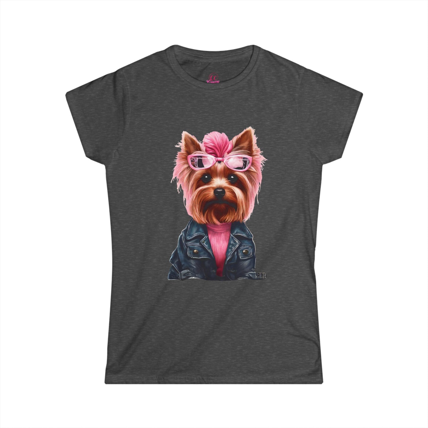 Preppy Pink Biker Yorkie Puppy Women's Softstyle Short Sleeved Tee Size S-2xl