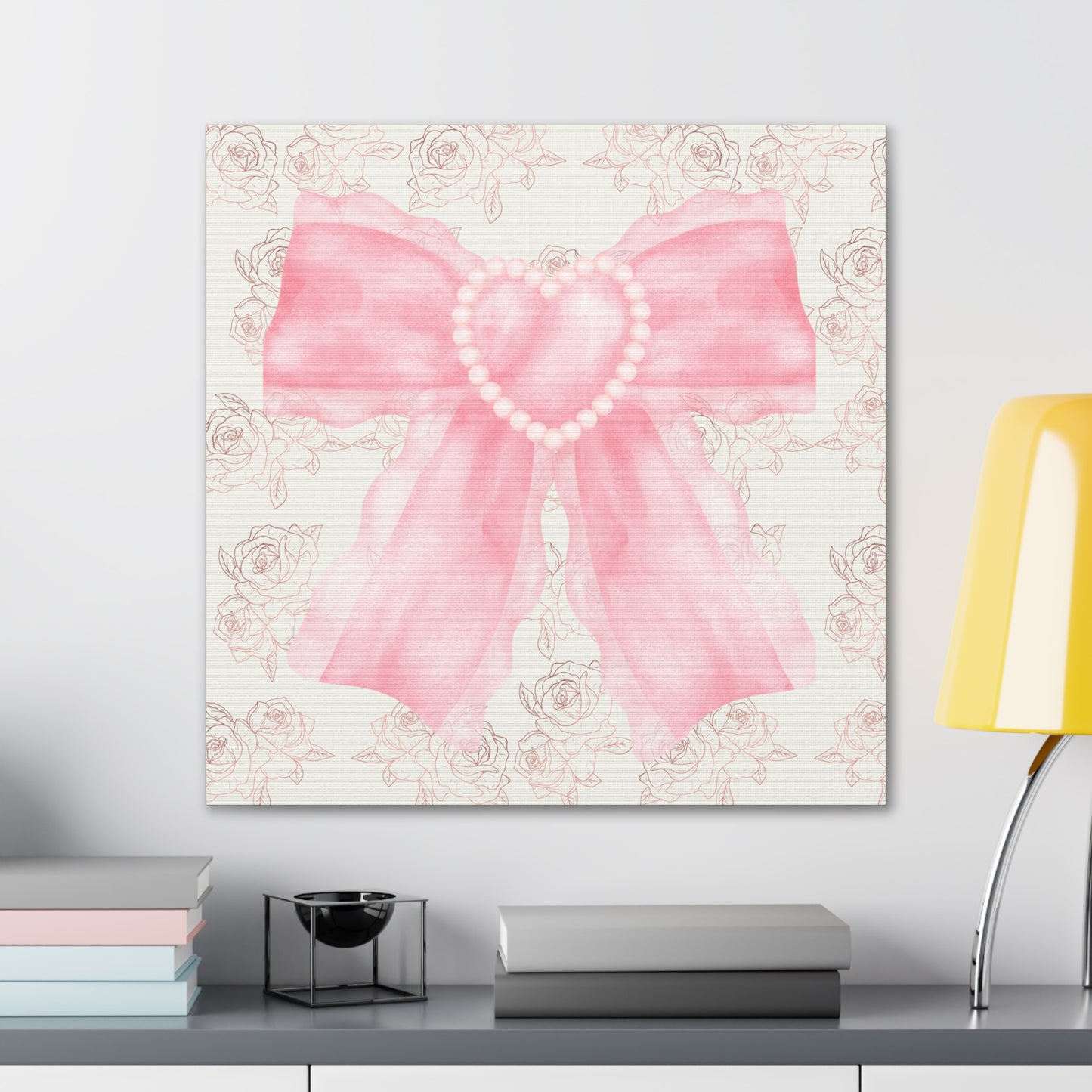 Pink & White Coquette Heart Bow Roses Wrapped Gallery Canvas Art - Multiple Sizes