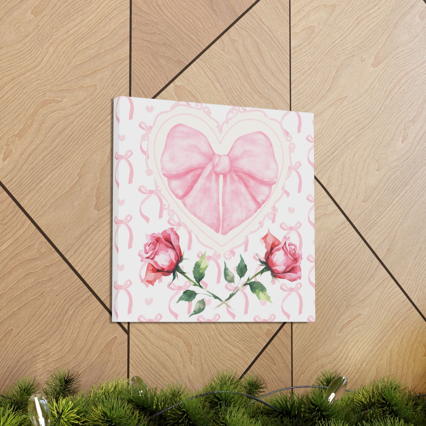 Pink & White Coquette Heart Bow with Rose Wrapped Gallery Canvas Art - Multiple Sizes