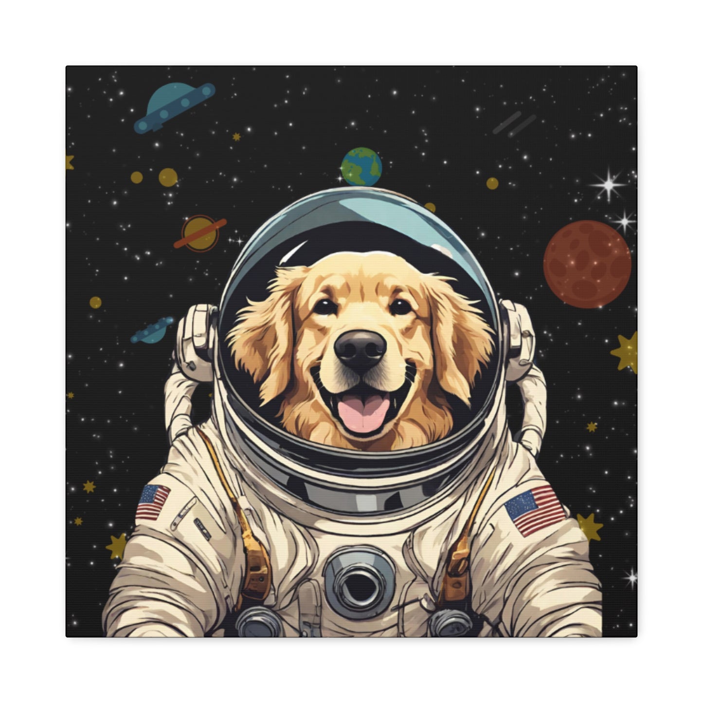 Golden Retriever Astronaut Puppy Dog in Space Canvas Wrapped Art Multiple Sizes