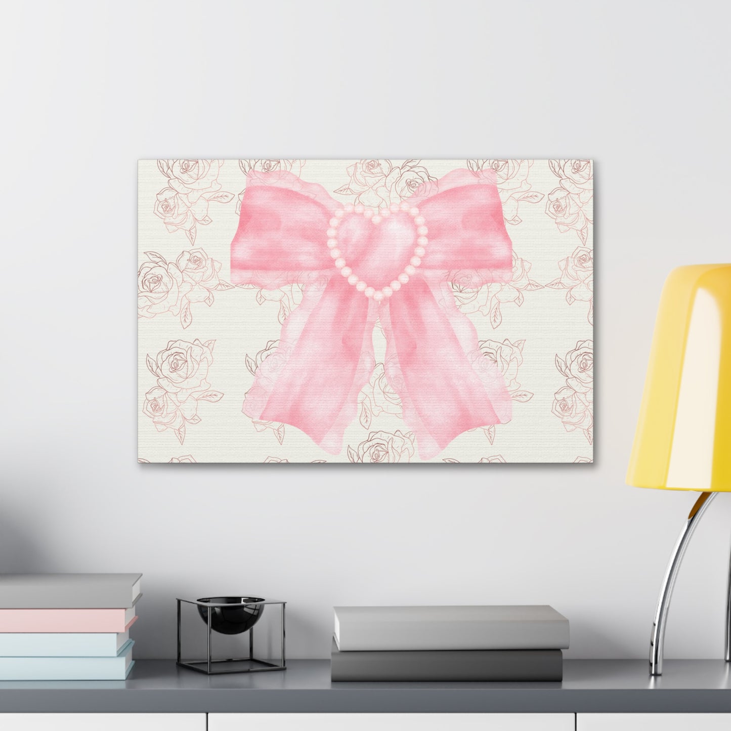 Pink & White Coquette Heart Bow Roses Wrapped Gallery Canvas Art - Multiple Sizes
