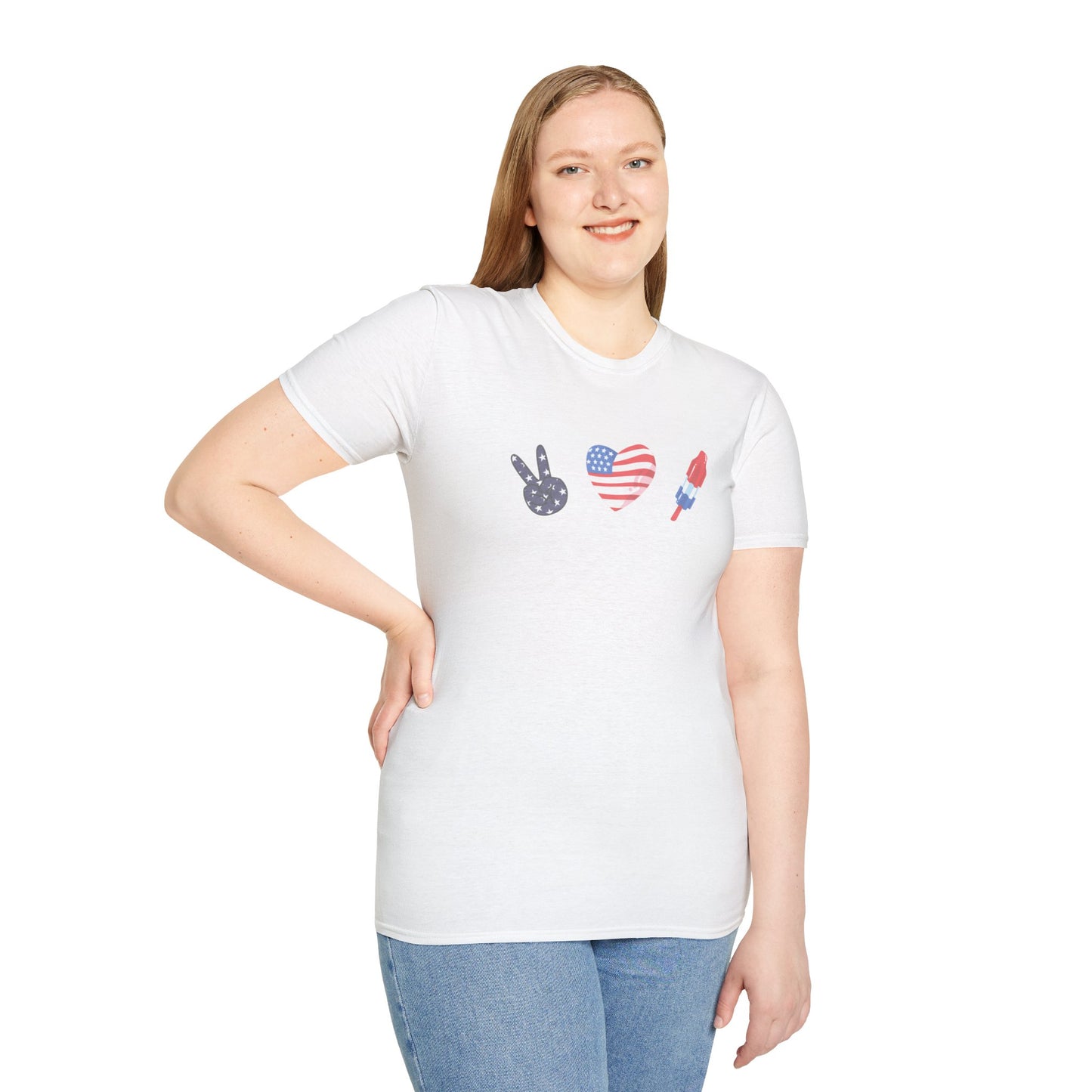 USA Peace Love Red, White & Blue 4th Women's Softstyle Plus Short Sleeve T-Shirt Sizes xl-5xl