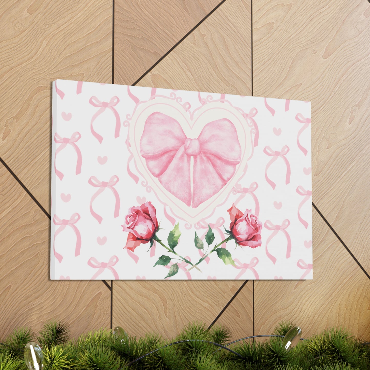 Pink & White Coquette Heart Bow with Rose Wrapped Gallery Canvas Art - Multiple Sizes