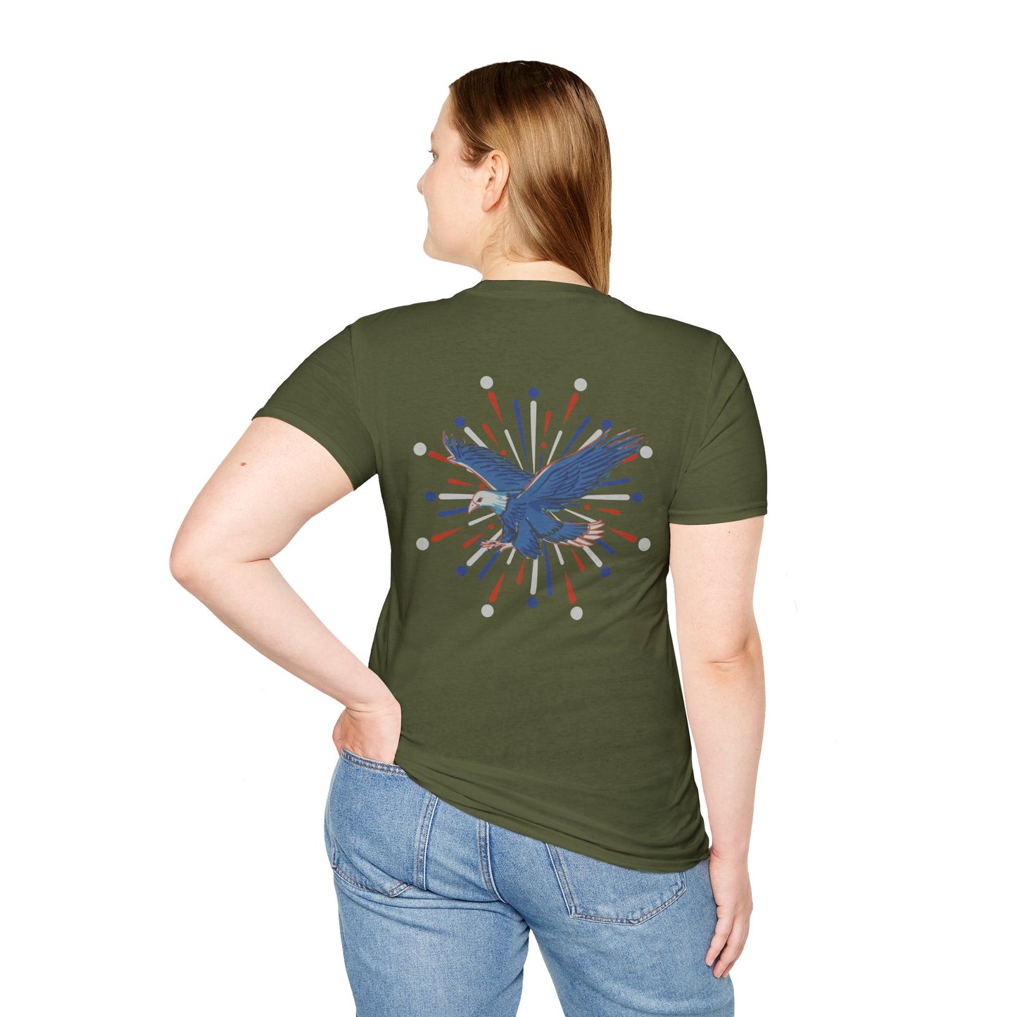 USA 'Merica Red, White & Blue Eagle 4th Women's Softstyle Plus Short Sleeve Double-Sided T-Shirt Sizes xl-5xl