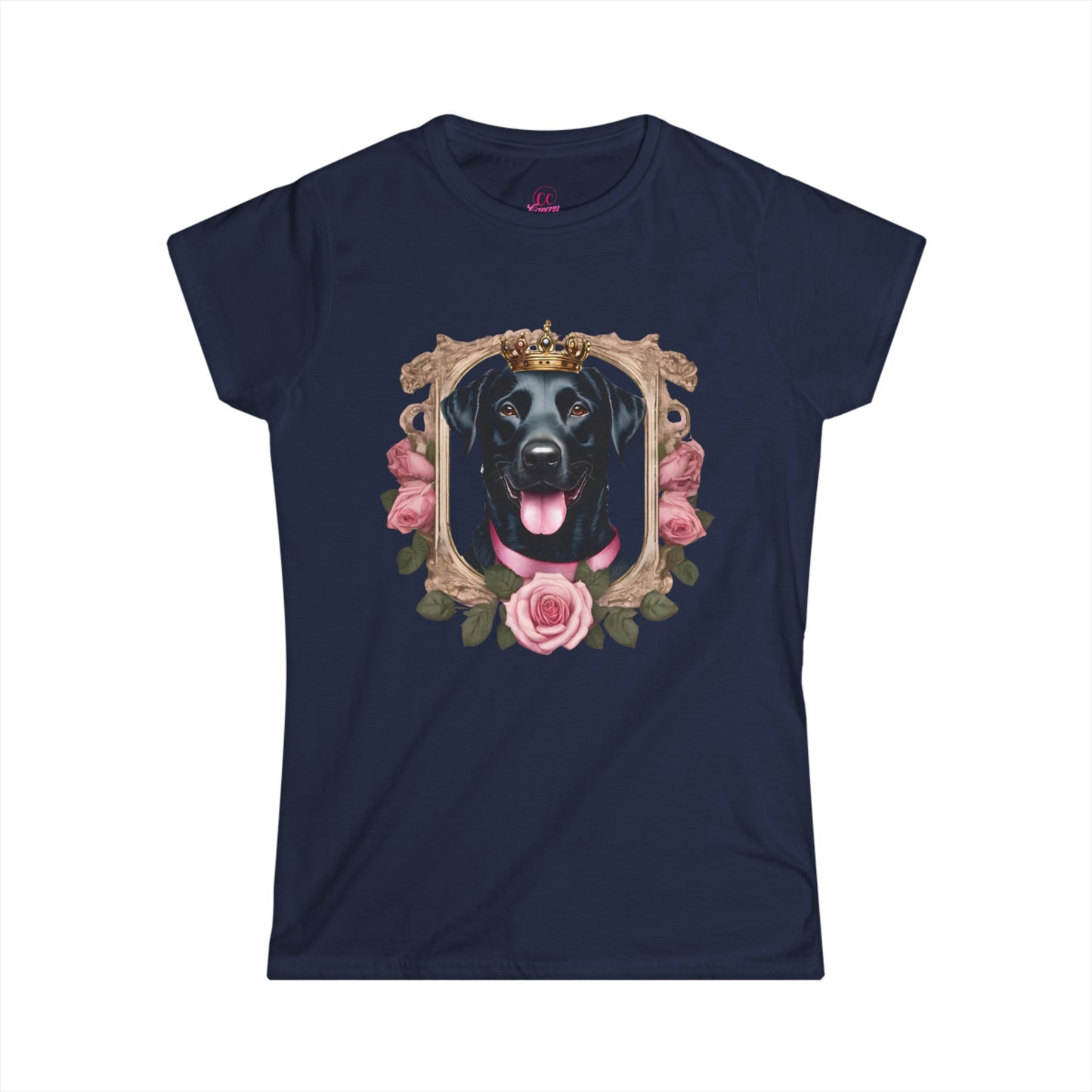 Coquette Pink Rose Smiling Black Labrador Prince Princess Puppy Dog Women's Softstyle Short Sleeved Tee Size S-2xl