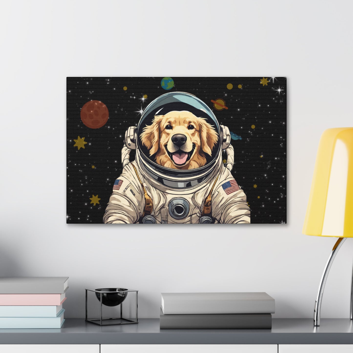 Golden Retriever Astronaut Puppy Dog in Space Canvas Wrapped Art Multiple Sizes