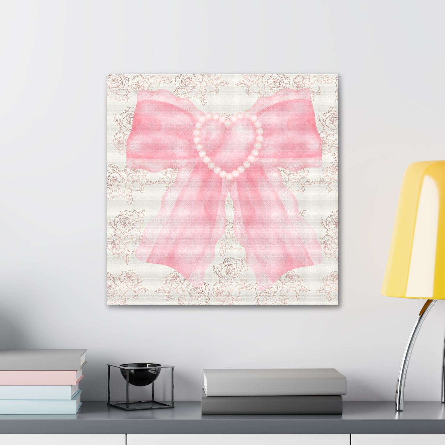 Pink & White Coquette Heart Bow Roses Wrapped Gallery Canvas Art - Multiple Sizes