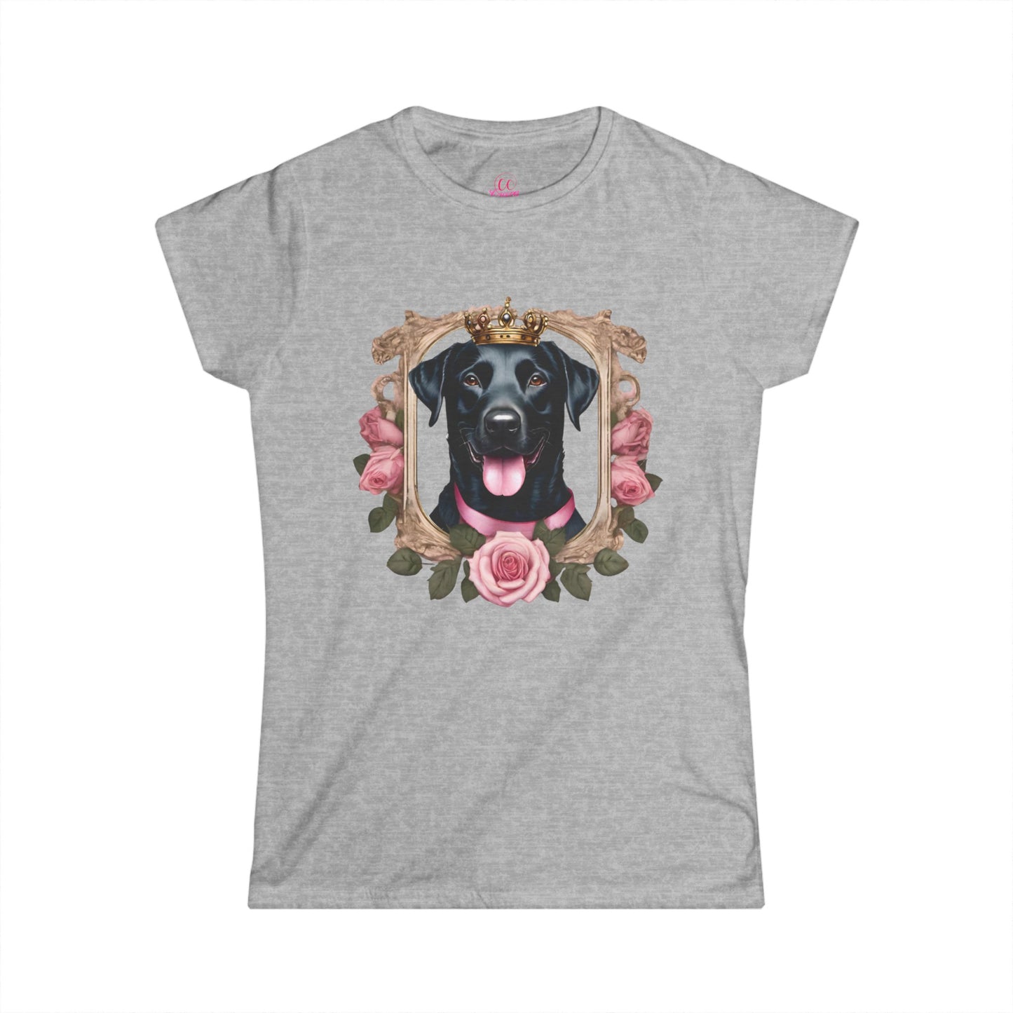 Coquette Pink Rose Smiling Black Labrador Prince Princess Puppy Dog Women's Softstyle Short Sleeved Tee Size S-2xl