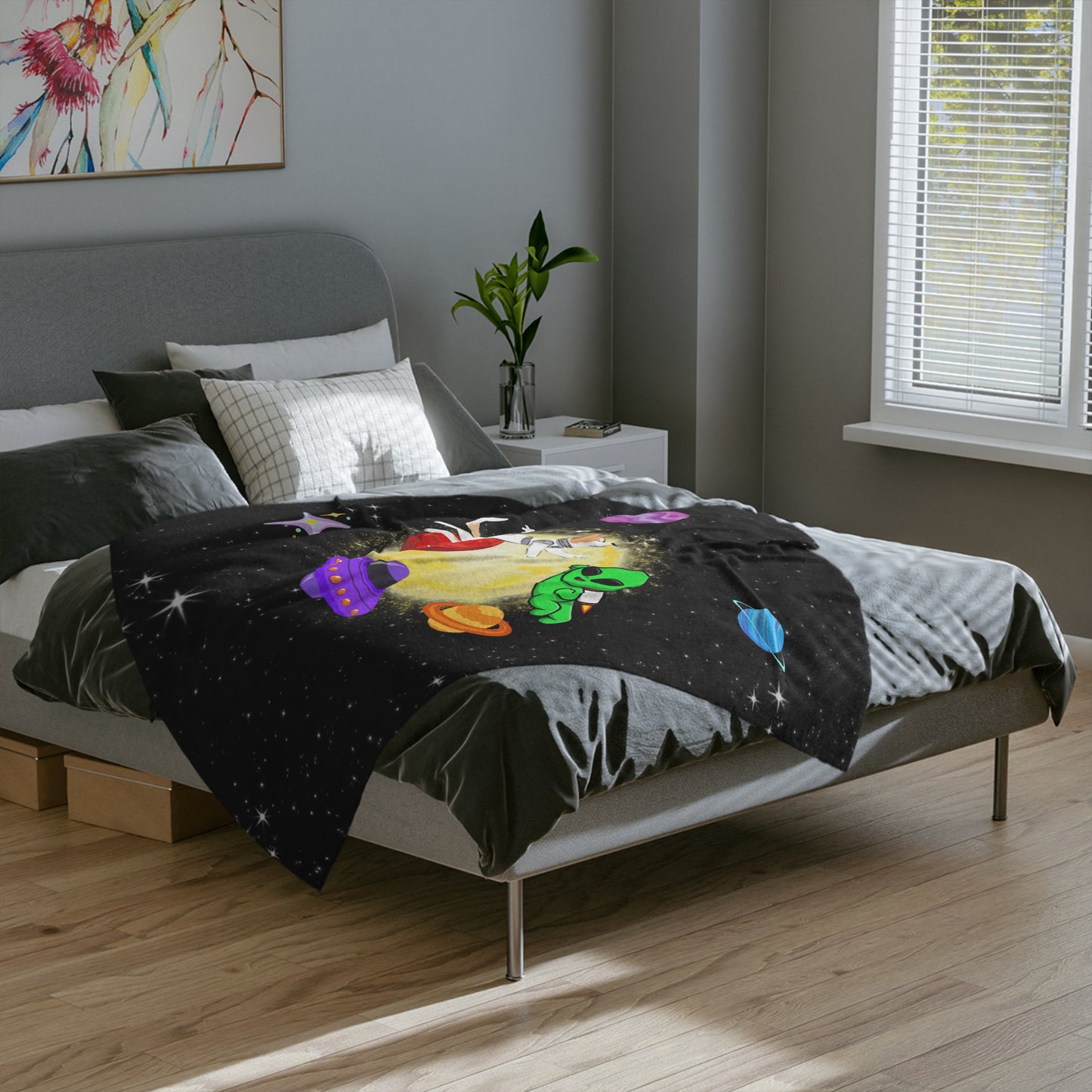 Pupelangelo Dog Astronaut & Alien Meet in Space Patterned Velveteen Microfiber Throw Blanket Multiple Sizes