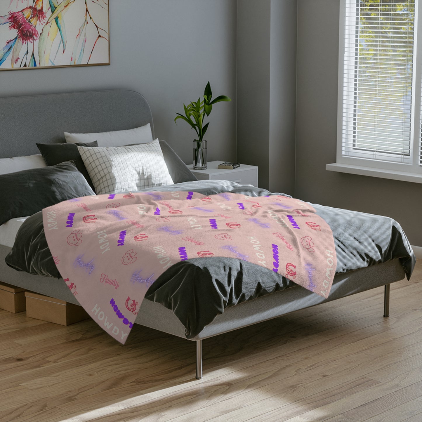 Pink Purple Howdy Cowgirl Pattern Velvet Microfiber Blanket Multiple Sizes