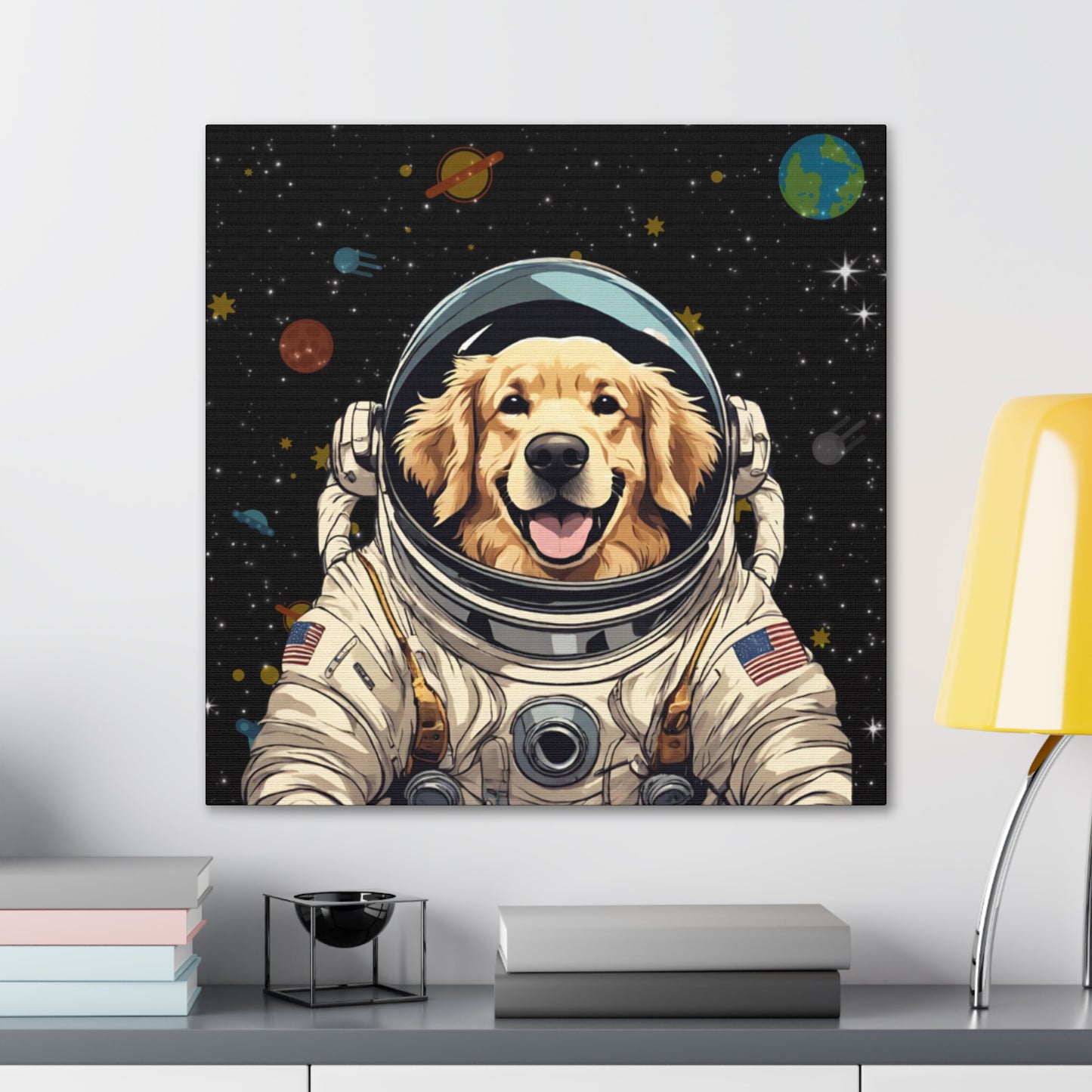Golden Retriever Astronaut Puppy Dog in Space Canvas Wrapped Art Multiple Sizes