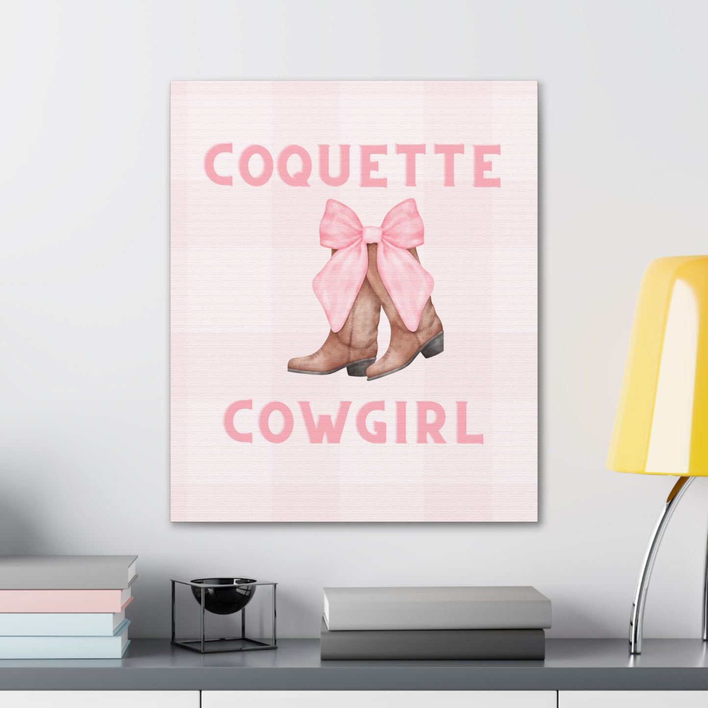 Pink Coquette Cowgirl Bow and Boots Patterned Canvas Wrapped Art Multiple Sizes