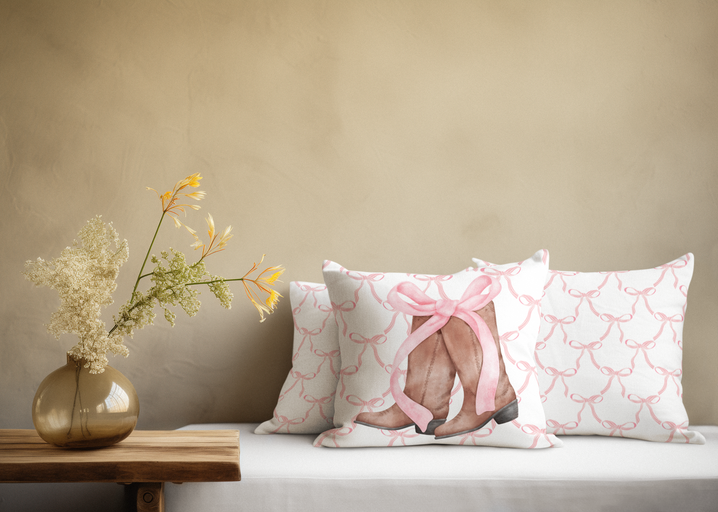 Pink Coquette Cowgirl Boots and Bows Patterned Square Pillow Multiple Sizes