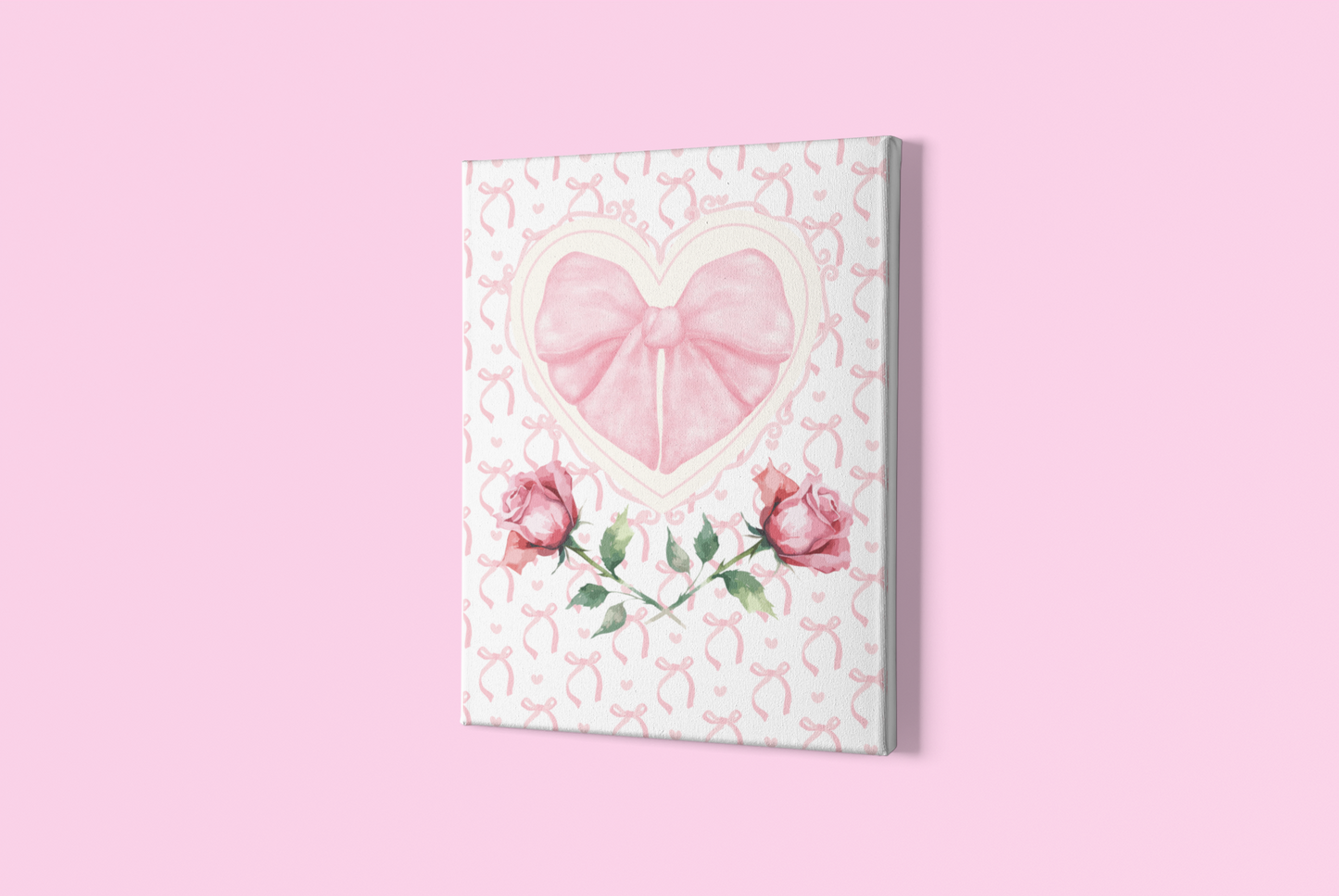 Pink & White Coquette Heart Bow with Rose Wrapped Gallery Canvas Art - Multiple Sizes