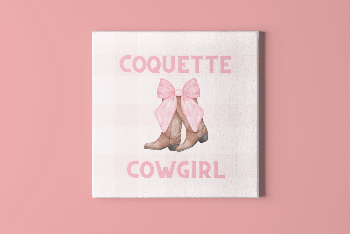 Pink Coquette Cowgirl Bow and Boots Patterned Canvas Wrapped Art Multiple Sizes