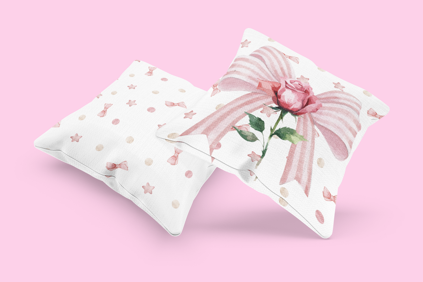 Pink & White Coquette Striped Bow with Rose Square Double-Sided Pillow - Multiple Sizes