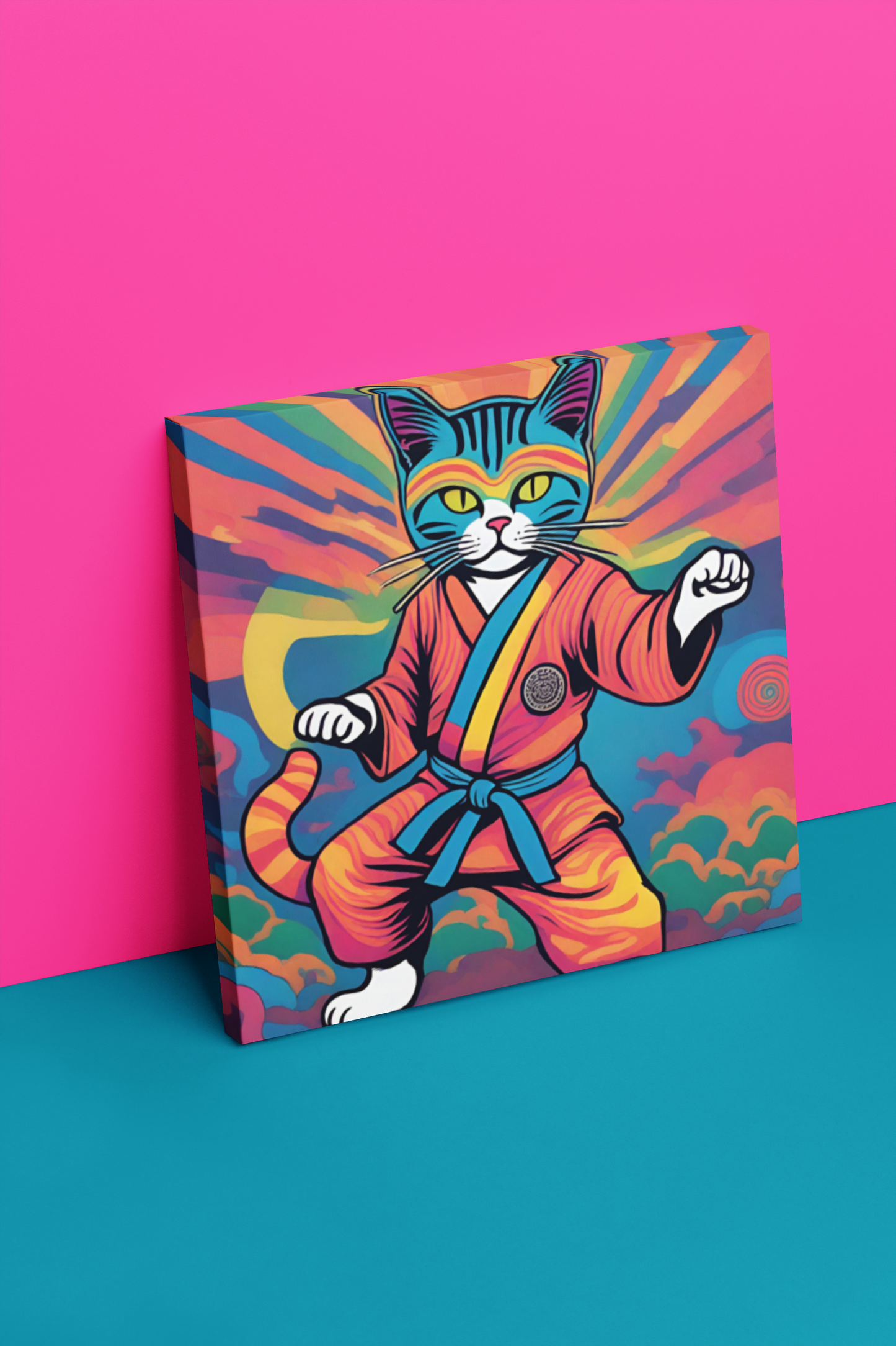 Colorful Psychedelic Ninja Karate Kitty Cat Canvas Wrapped Art Multiple Sizes