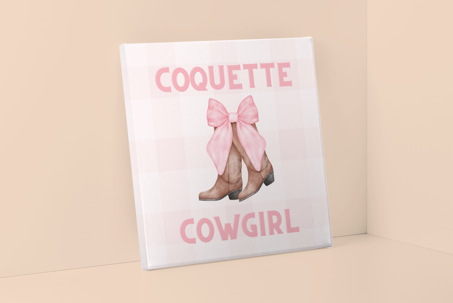 Pink Coquette Cowgirl Bow and Boots Patterned Canvas Wrapped Art Multiple Sizes