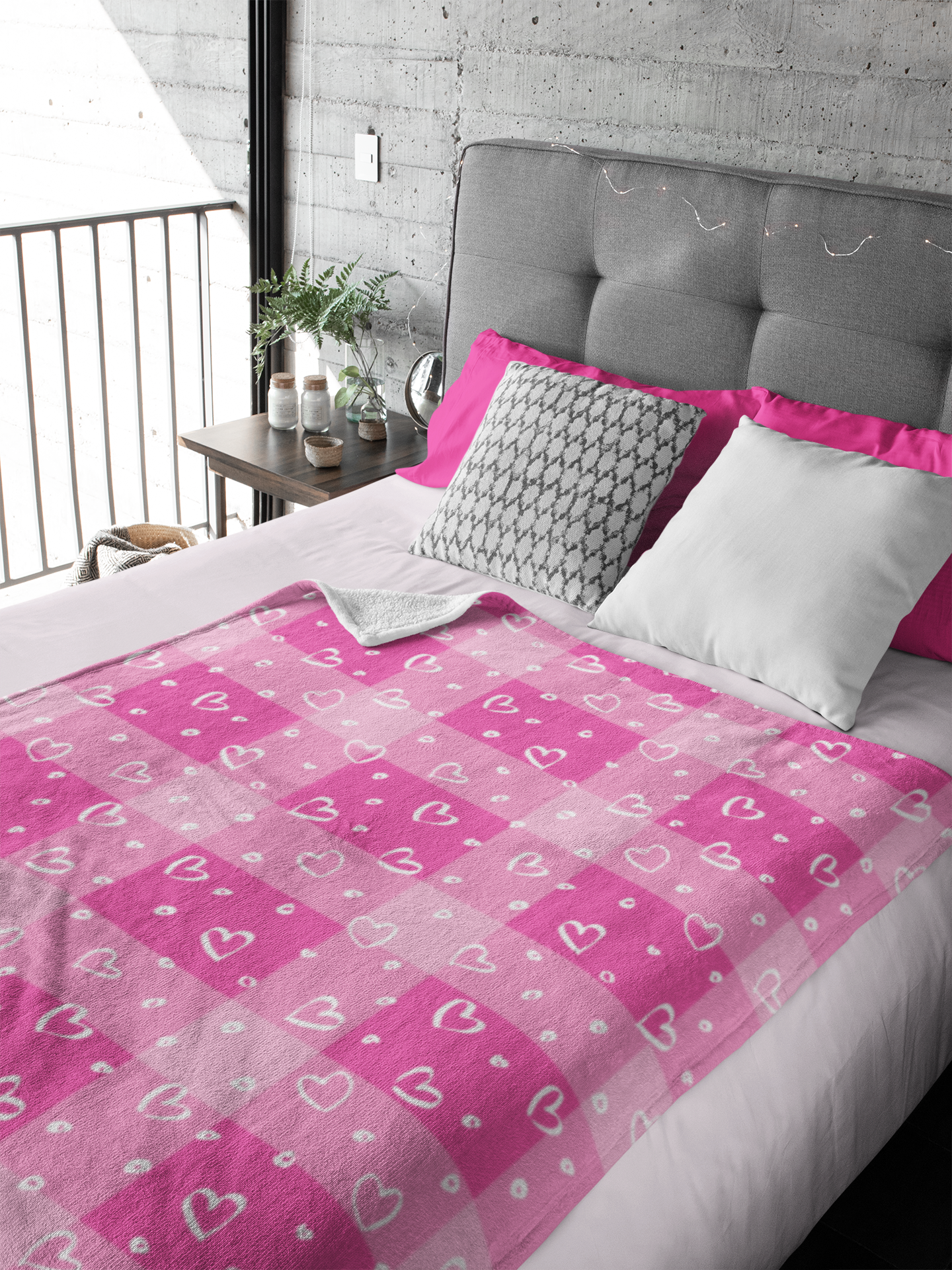 Pink & White Plaid Heart Patterned Velveteen Microfiber Throw Blanket Multiple Sizes