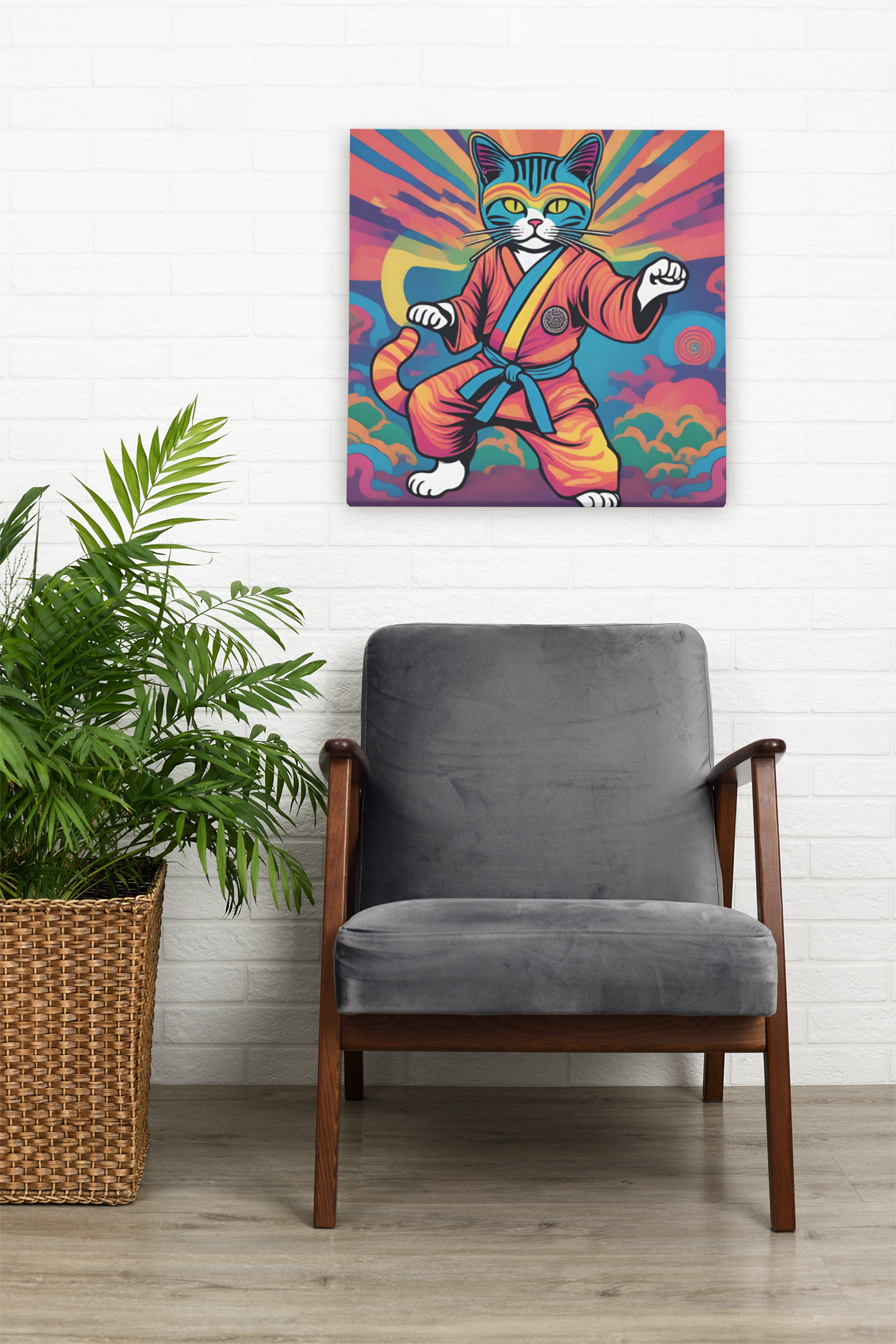 Colorful Psychedelic Ninja Karate Kitty Cat Canvas Wrapped Art Multiple Sizes