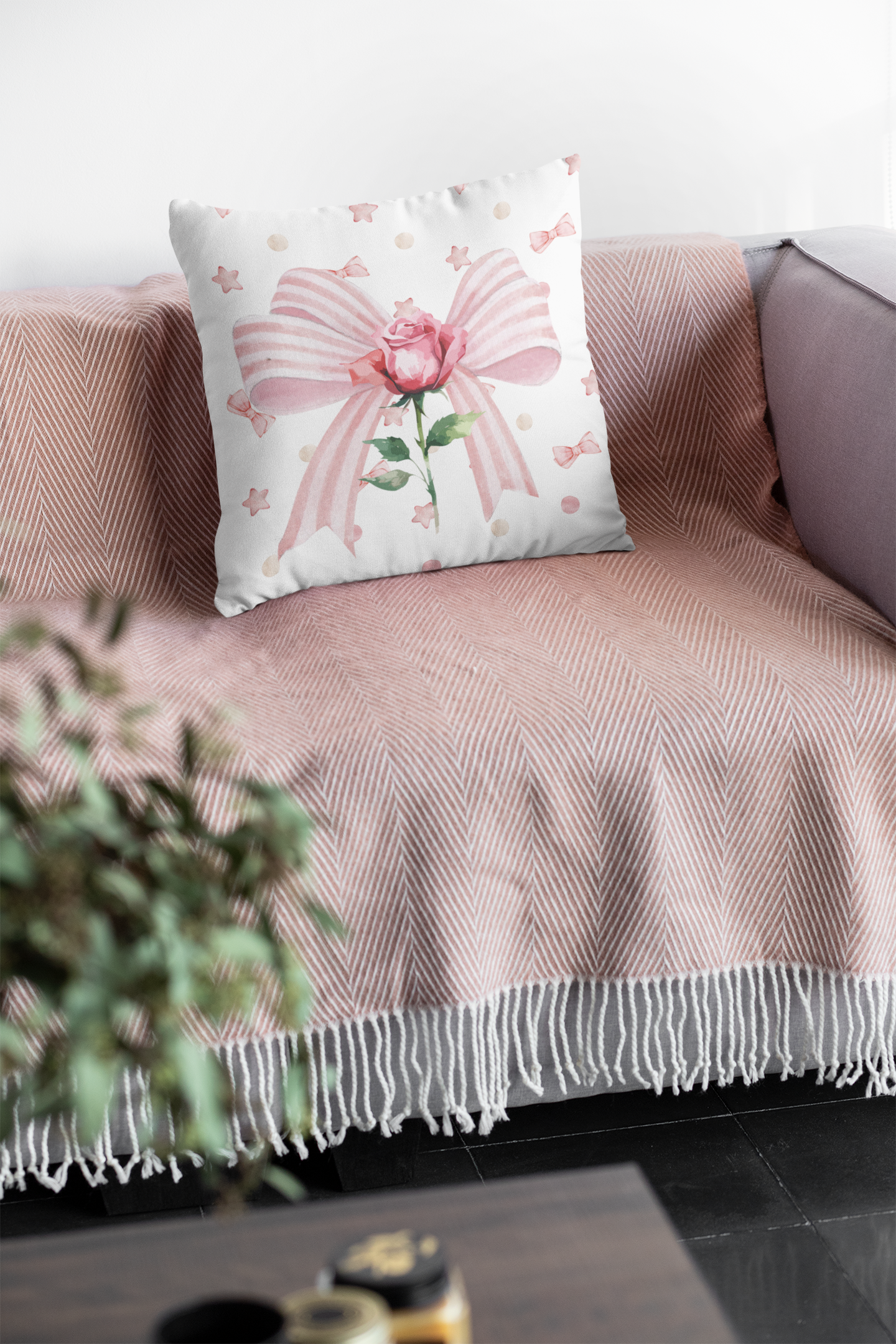 Pink & White Coquette Striped Bow with Rose Square Double-Sided Pillow - Multiple Sizes