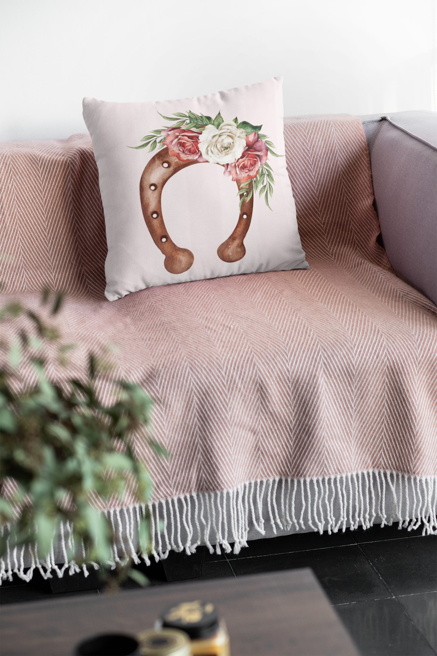 Pink Coquette Cowgirl Rose Horseshoe Square Pillow Multiple Sizes