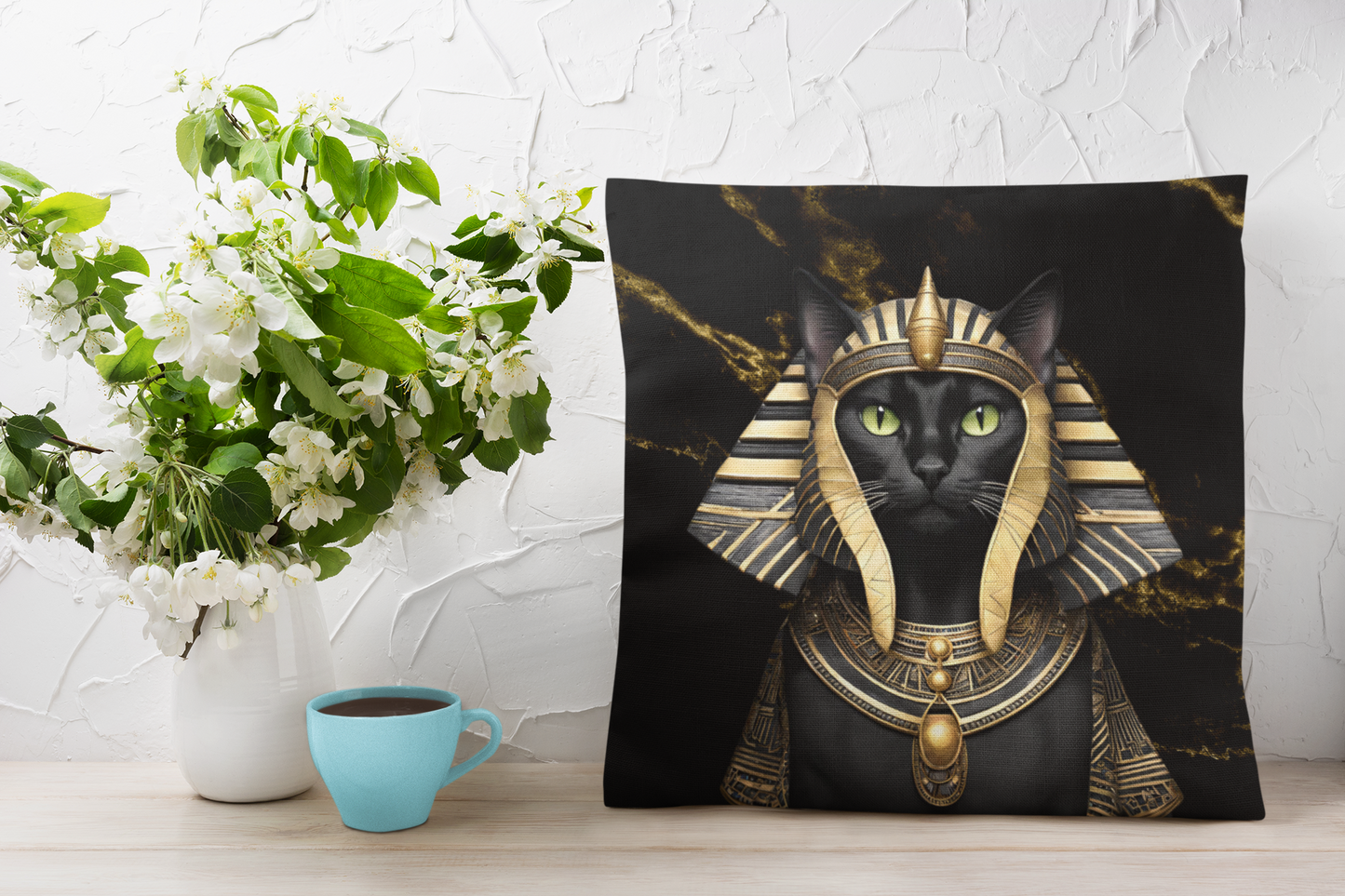 Neferkitti Black Kitty Cat Pharaoh Gold & Black Square Pillow Multiple Sizes