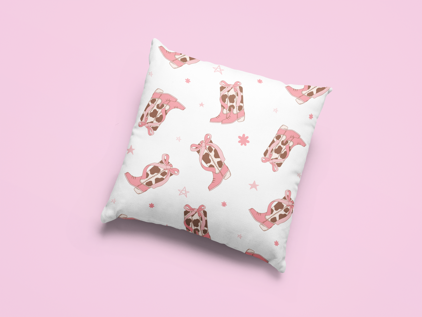 Pink Coquette Cowgirl Boots & Bows Patterned Square Pillow Multiple Sizes