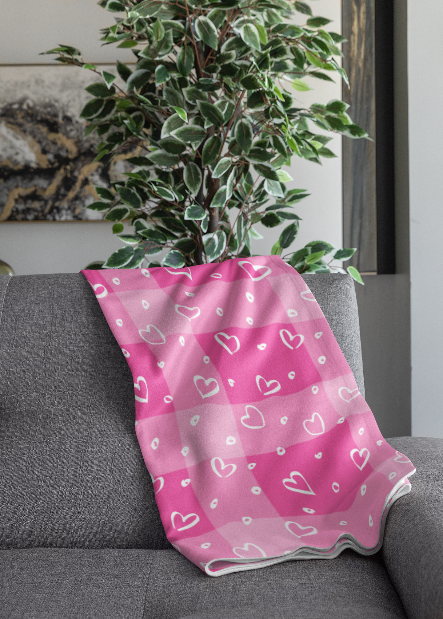 Pink & White Plaid Heart Patterned Velveteen Microfiber Throw Blanket Multiple Sizes
