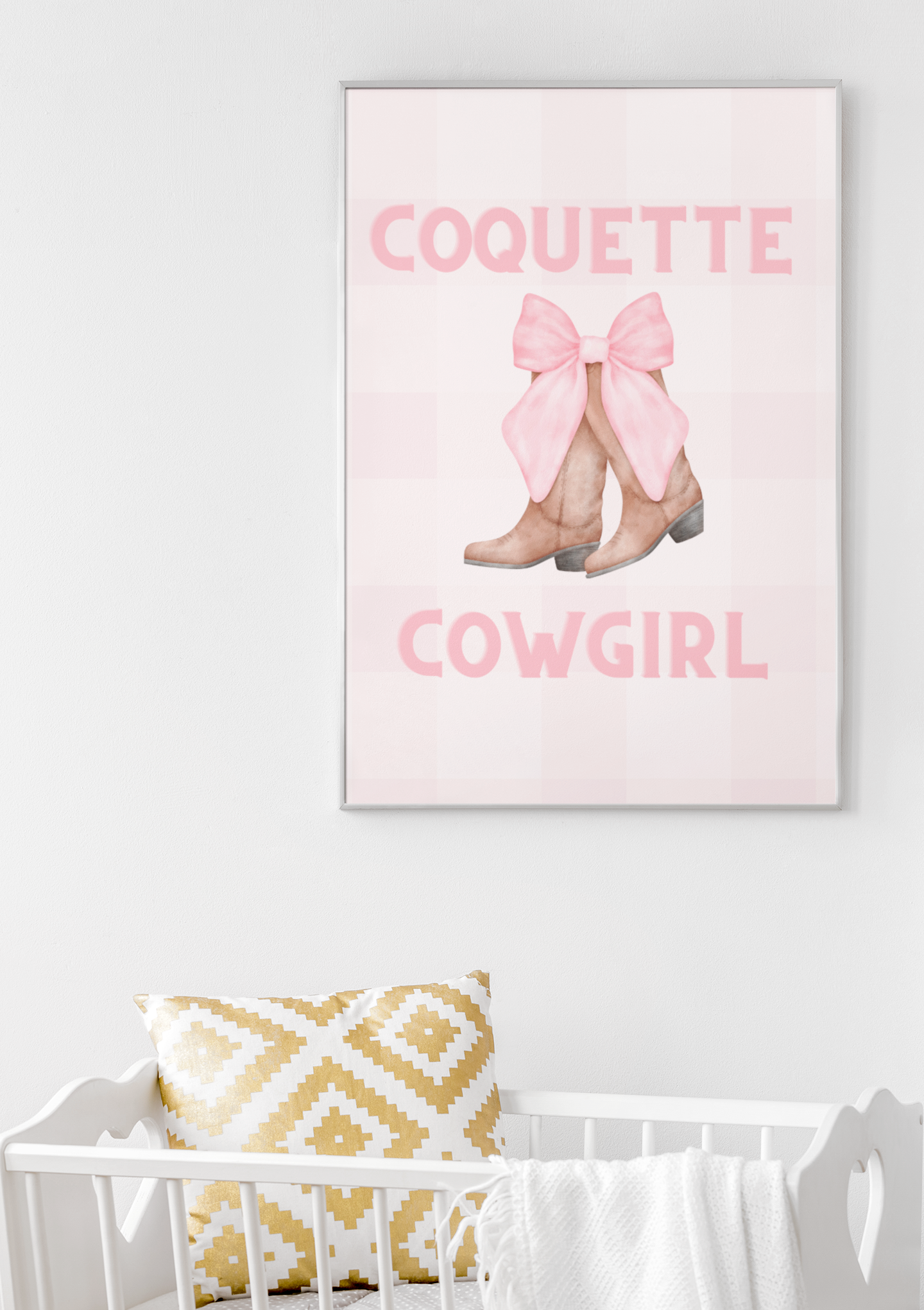 Pink Coquette Cowgirl Bow and Boots Patterned Canvas Wrapped Art Multiple Sizes