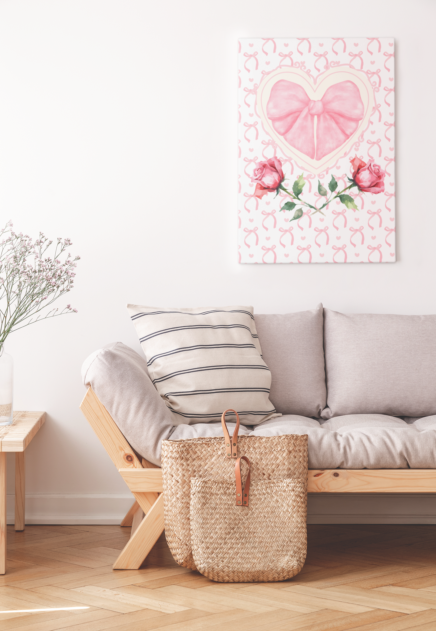 Pink & White Coquette Heart Bow with Rose Wrapped Gallery Canvas Art - Multiple Sizes