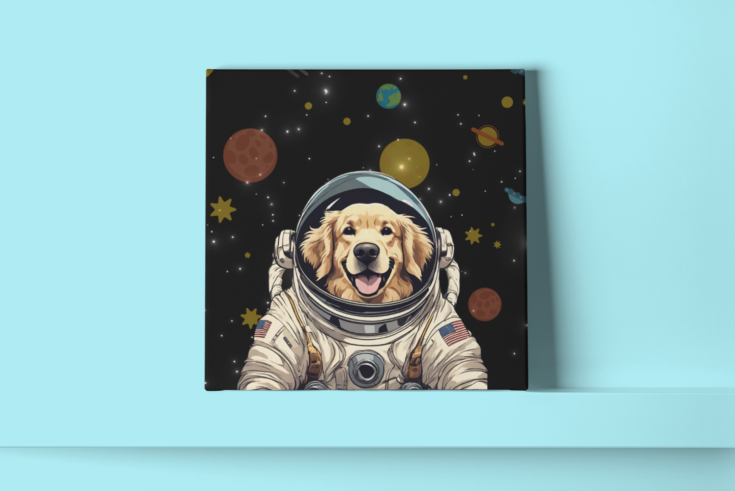 Golden Retriever Astronaut Puppy Dog in Space Canvas Wrapped Art Multiple Sizes