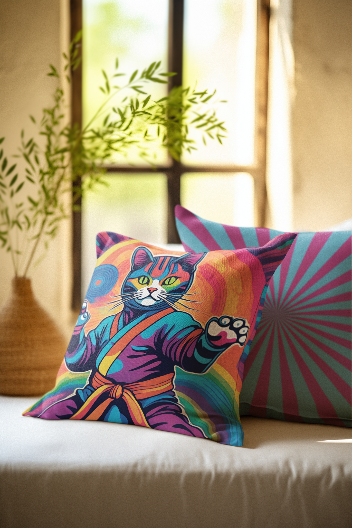 Colorful Psychedelic Ninja Karate Kitty Cat Square Double-Sided Pillow Multiple Sizes