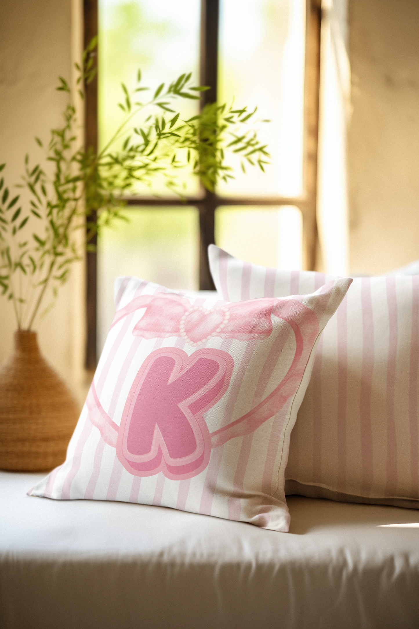 Pink & White Striped Coquette Personalized Initial or Monogram Heart with Bow Square Double-Sided Pillow - Multiple Sizes