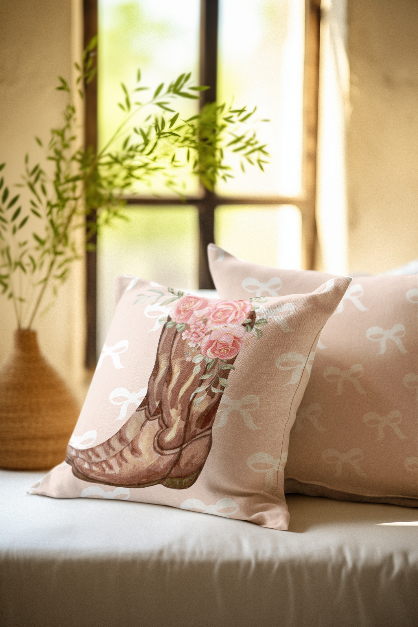 Pink Coquette Cowgirl Rose Boots and Bows Patterned Square Pillow Multiple Sizes