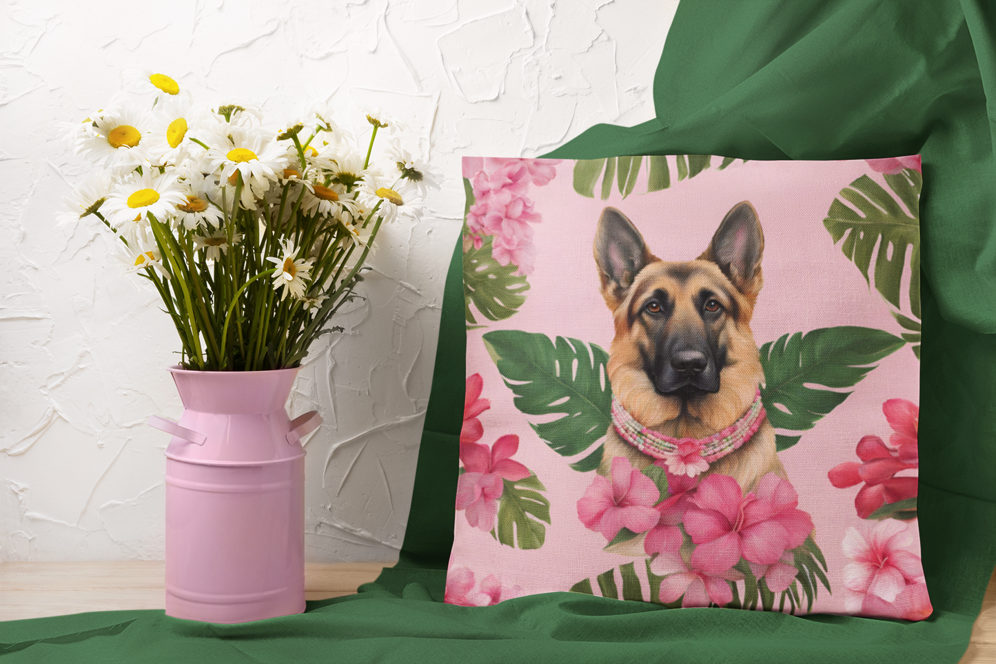 Hawaiin Flower Pink German Shephard Double Sided Square Pillow Multiple Sizes