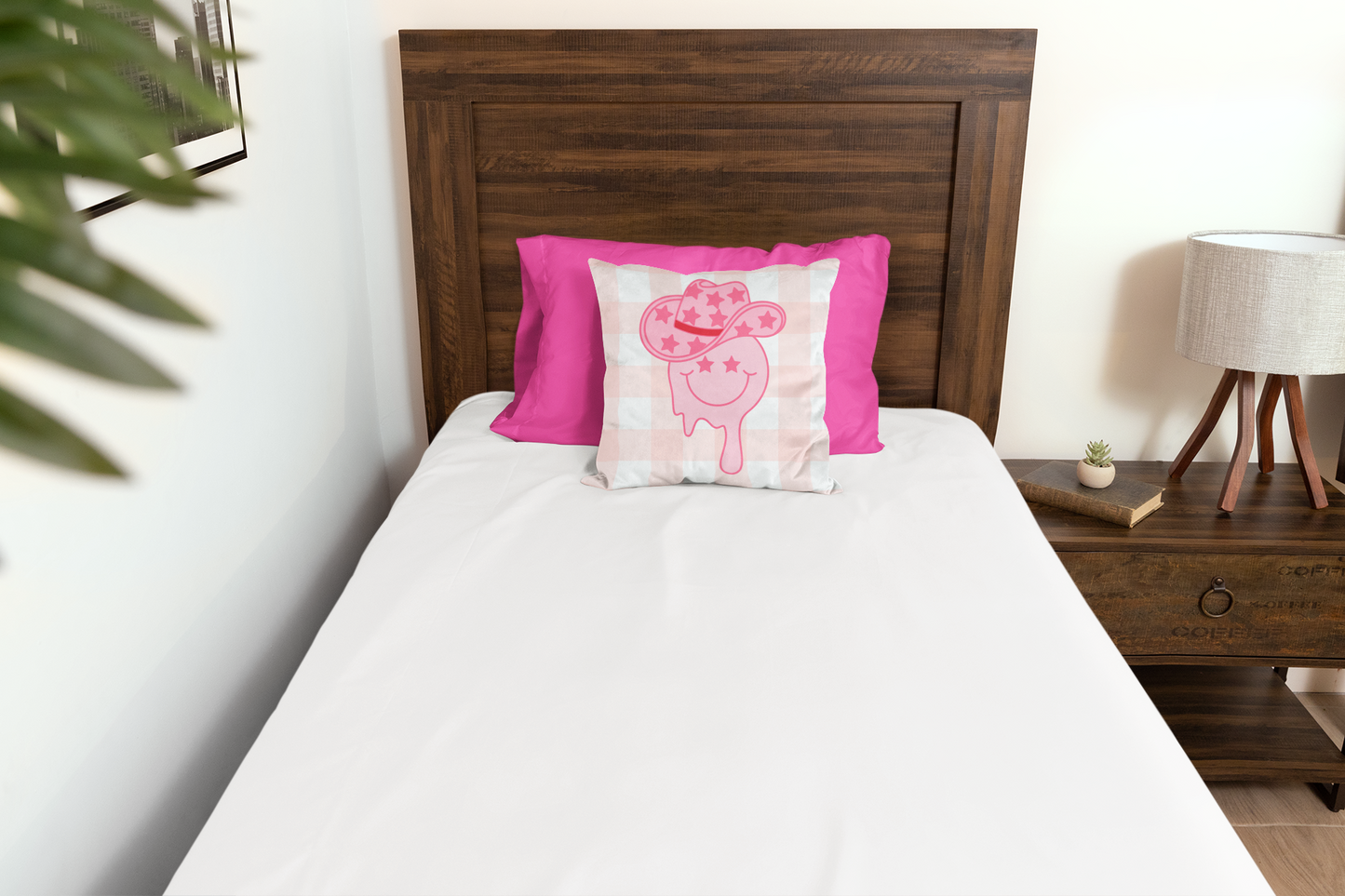 Bright Pink Smiley Star Face Cowgirl Pink and White Plaid Double Sided Square Pillow - Multiple Sizes