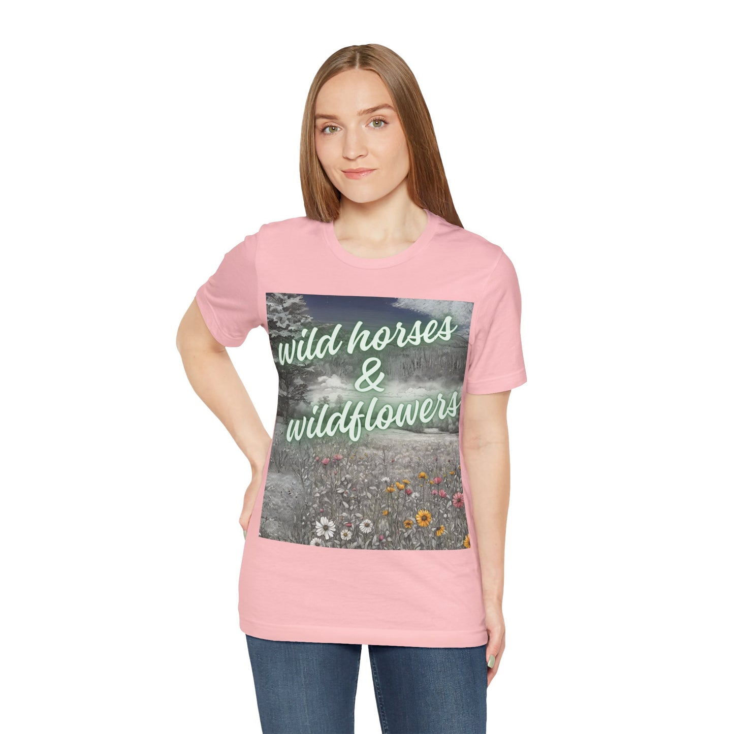 Wild Horses & Wildflowers Country Cowgirl Women's Jersey Short Sleeved Tee Size S-2xl