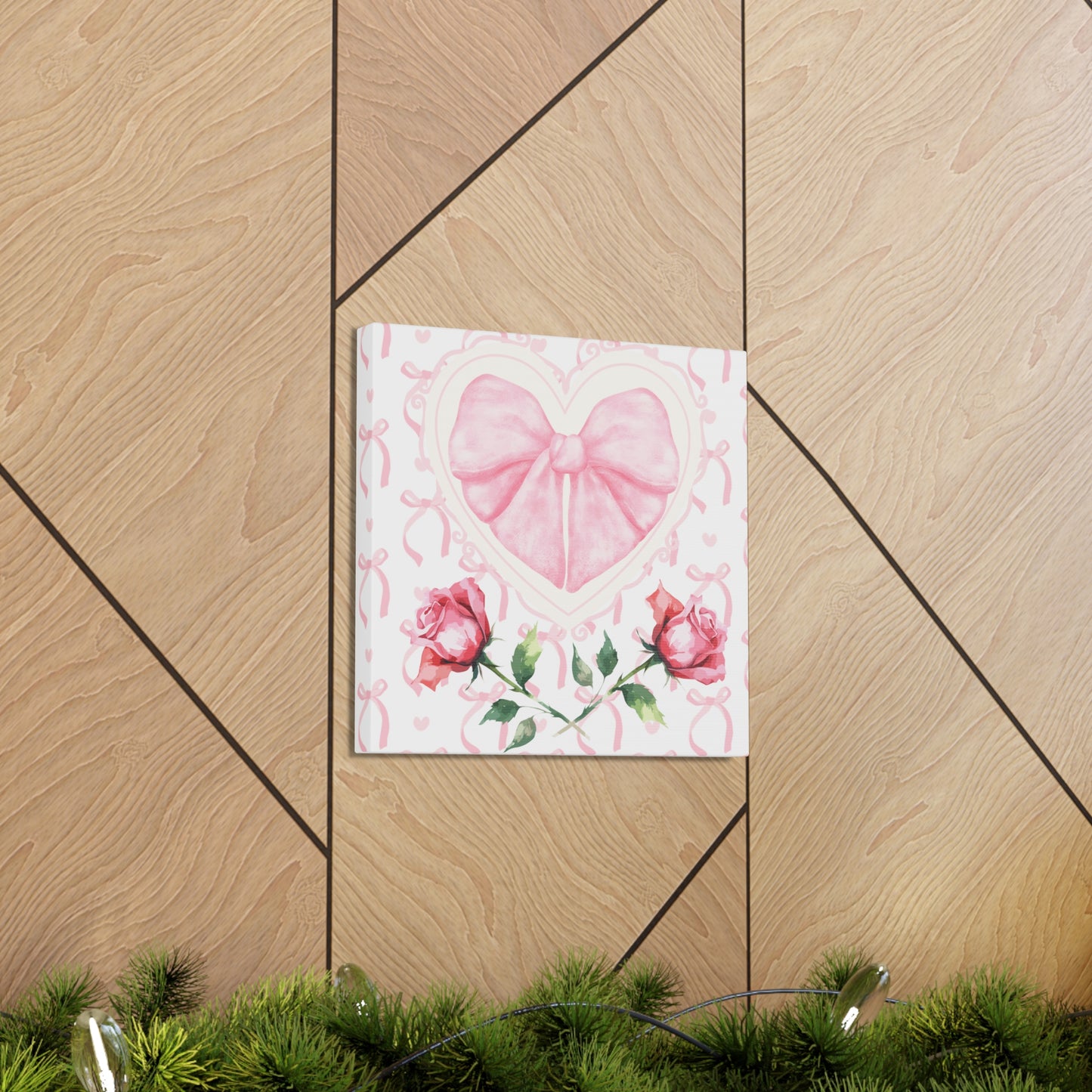 Pink & White Coquette Heart Bow with Rose Wrapped Gallery Canvas Art - Multiple Sizes
