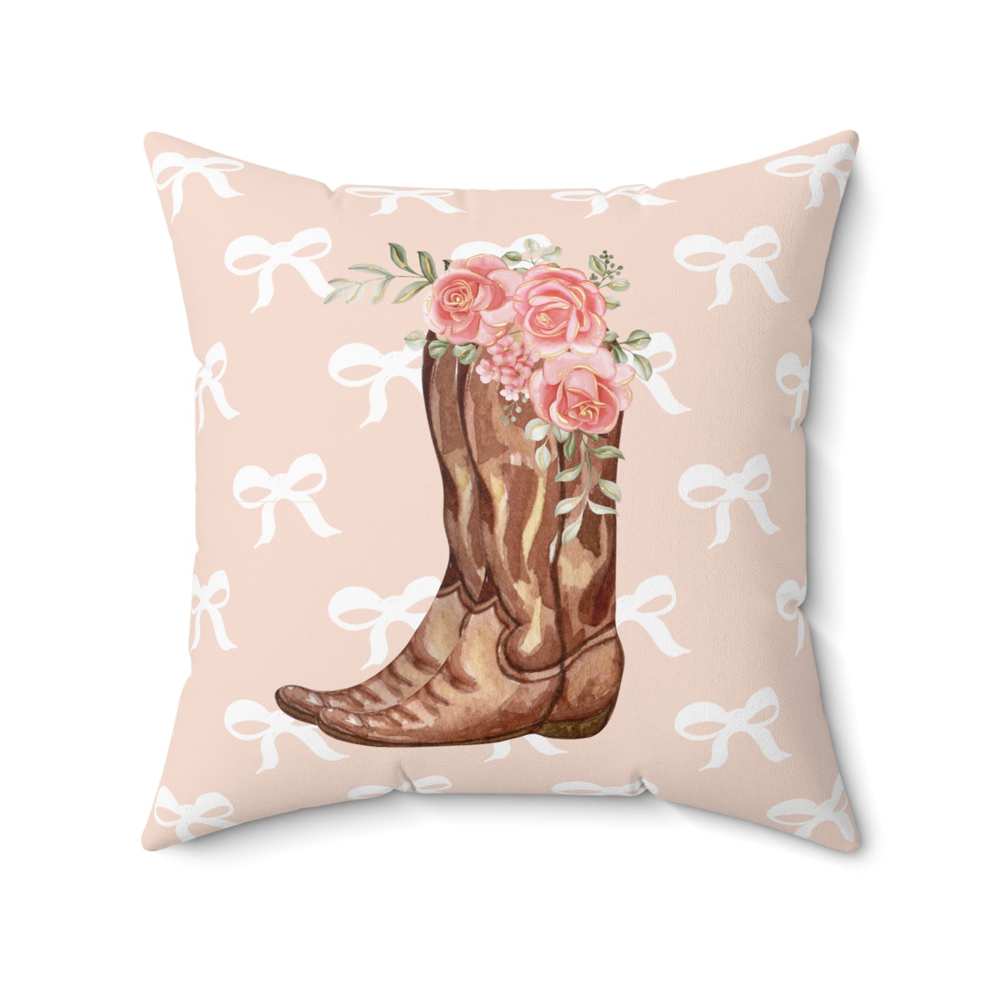 Pink Coquette Cowgirl Rose Boots and Bows Patterned Square Pillow Multiple Sizes