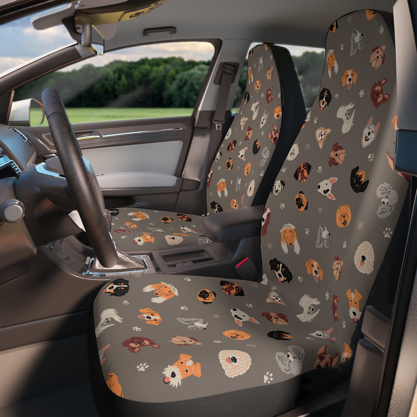 Gray Puppy Dog Patterned Car Seat Covers