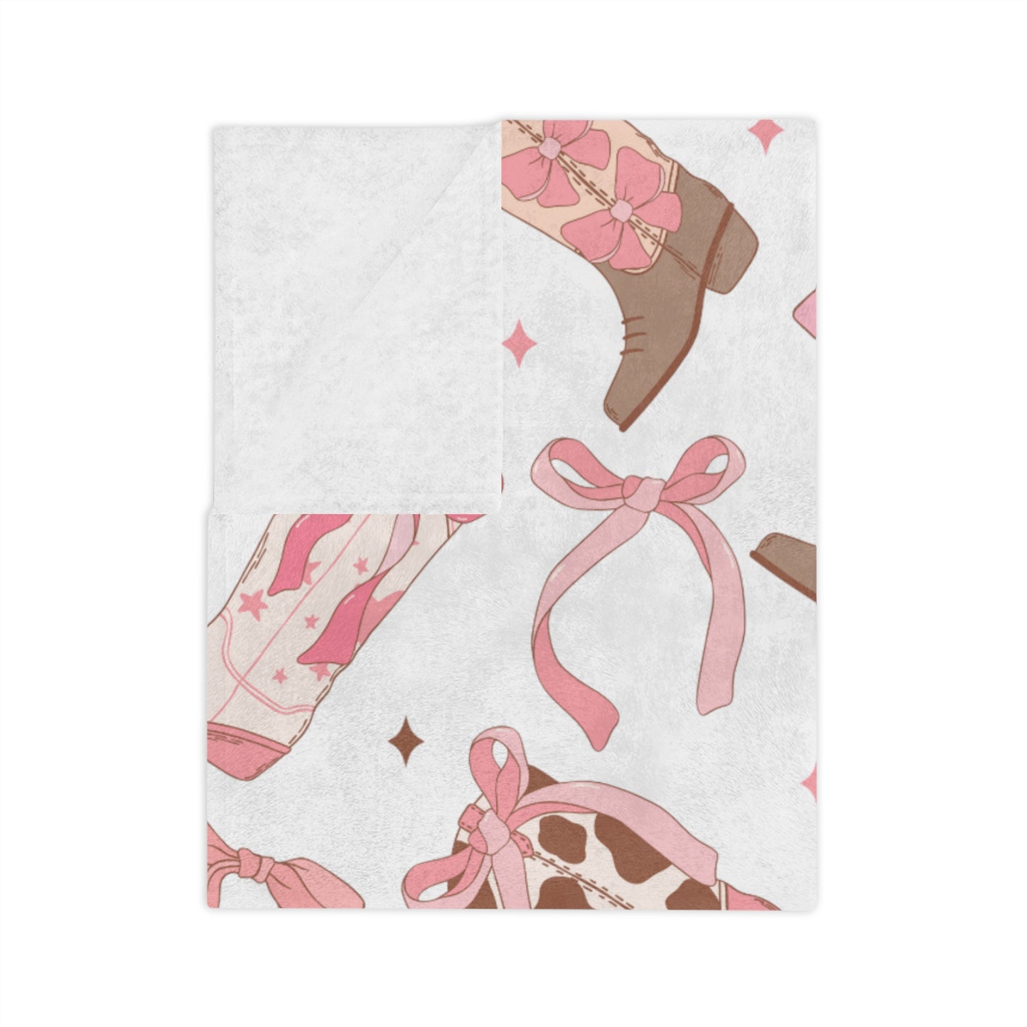 Coquette Cowgirl Pink Bow and Boots White Microfiber Blanket Multiple Sizes