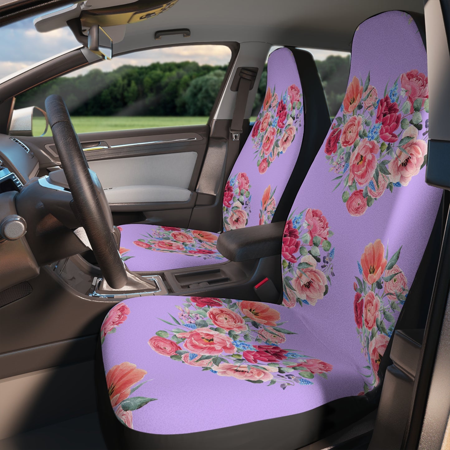 Pink & Blue Rose Heart on Purple Pattern Car Seat Covers