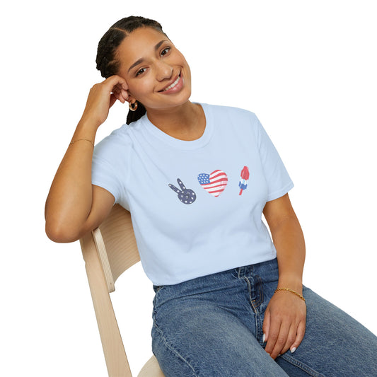 USA Peace Love Red, White & Blue 4th Women's Softstyle Plus Short Sleeve T-Shirt Sizes xl-5xl