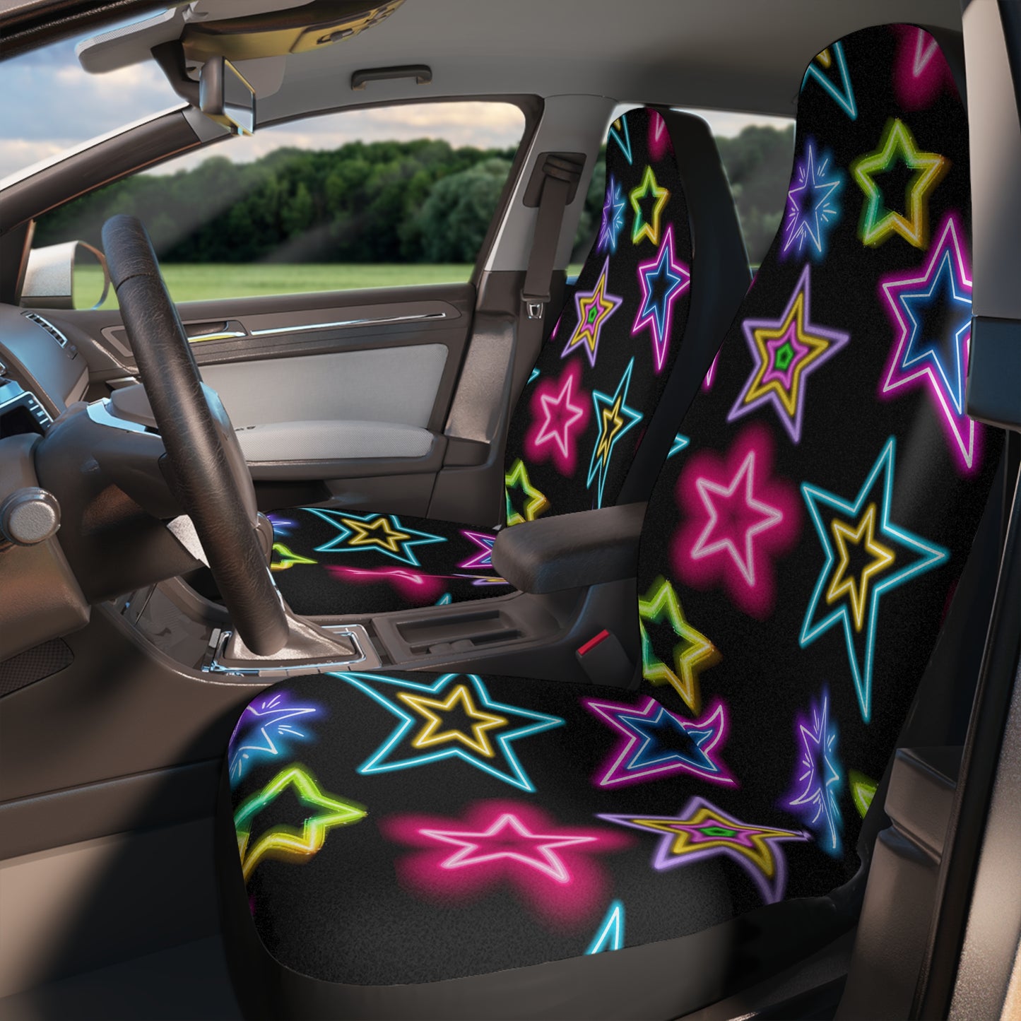 Pink Blue Yellow Glow Neon Stars on Black Car Seat Covers
