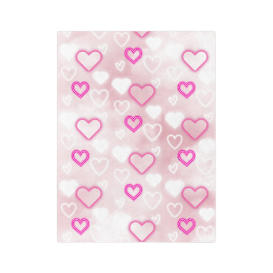 Pink Cloud and Glow Love Hearts Patterned Velveteen Microfiber Throw Blanket Multiple Sizes
