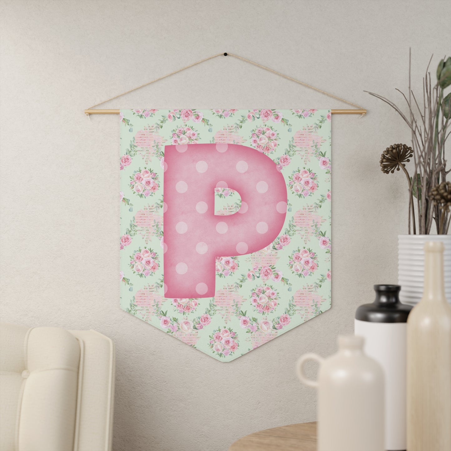Coquette Pink & White Rose Personalized Initial or Monogram Pennant