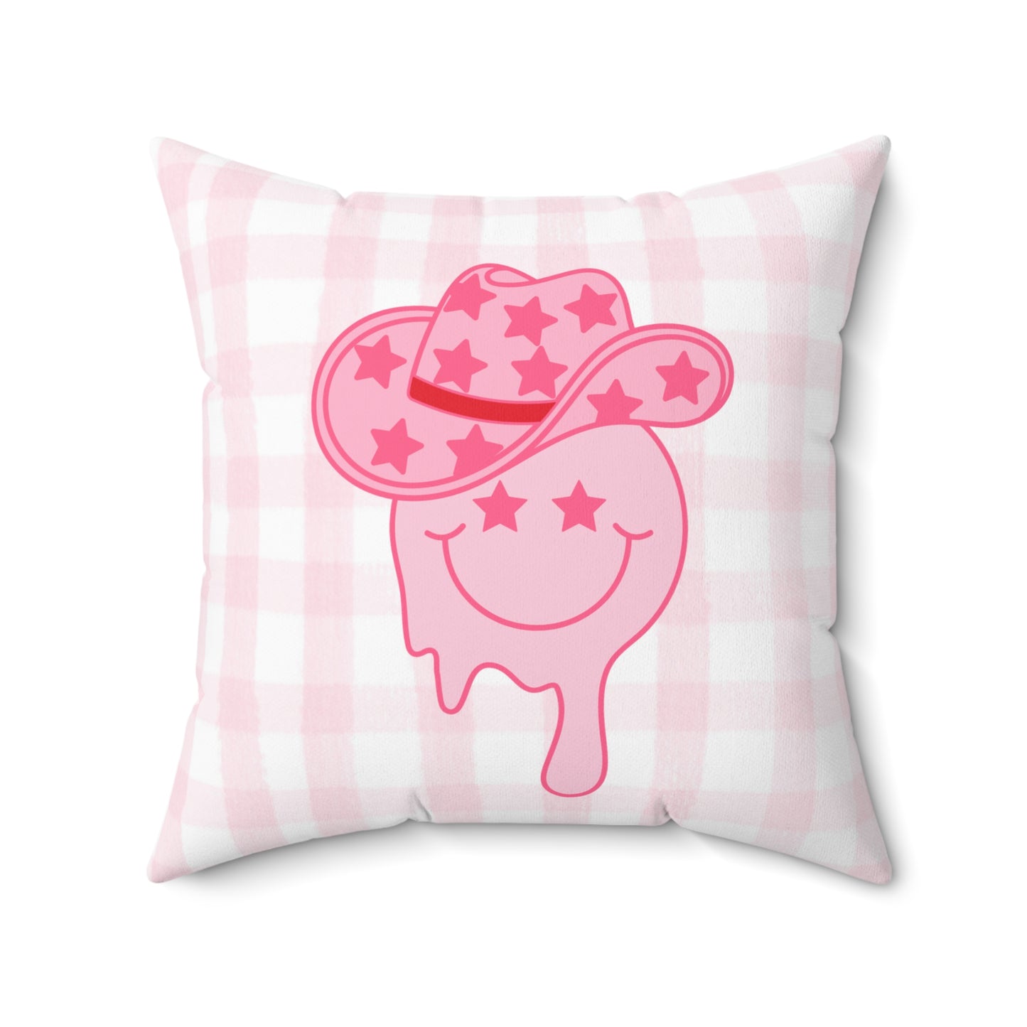 Bright Pink Smiley Star Face Cowgirl Pink and White Plaid Double Sided Square Pillow - Multiple Sizes